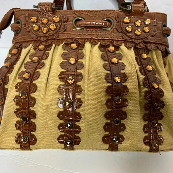 Sondra Roberts Jewel Studded Brown Canvas and vegan Leather Shoulder Bag ✨ - Picture 6 of 7